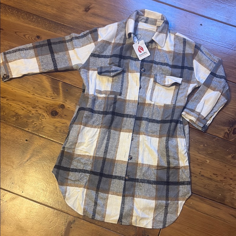 Casual Gray and Cream Soft Flannel Button Down Jacket